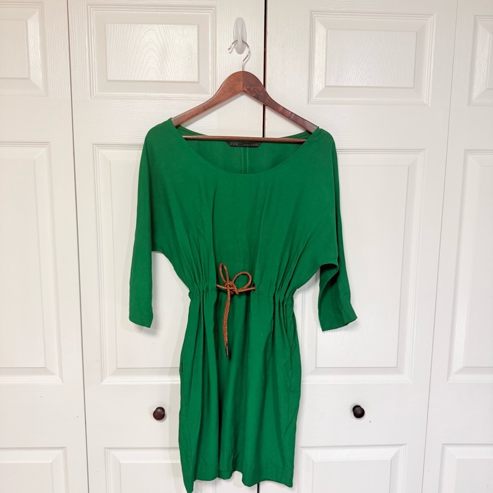 Zara Basic Kelly Green 3/4 Sleeve Midi Dress with Pockets & Braided Belt - M